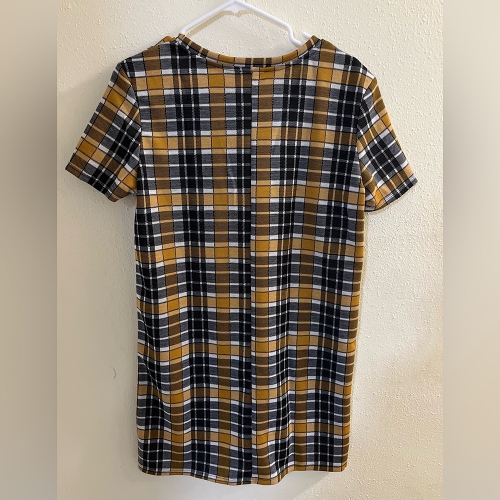 Zara Trafaluc black and gold plaid short-sleeved mini shift dress with pockets M - Picture 3 of 6